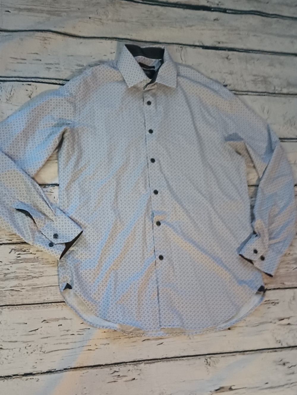 WRK Men's Gray White Geometric Print 4 Way Stretch Long Slv Button Up Shirt 16